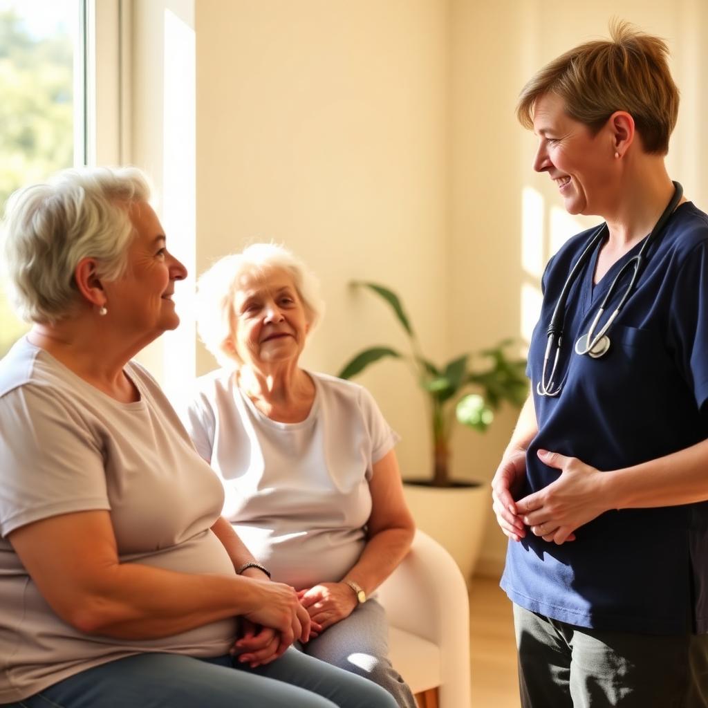 Physiotherapist chatting warmly with an older couple