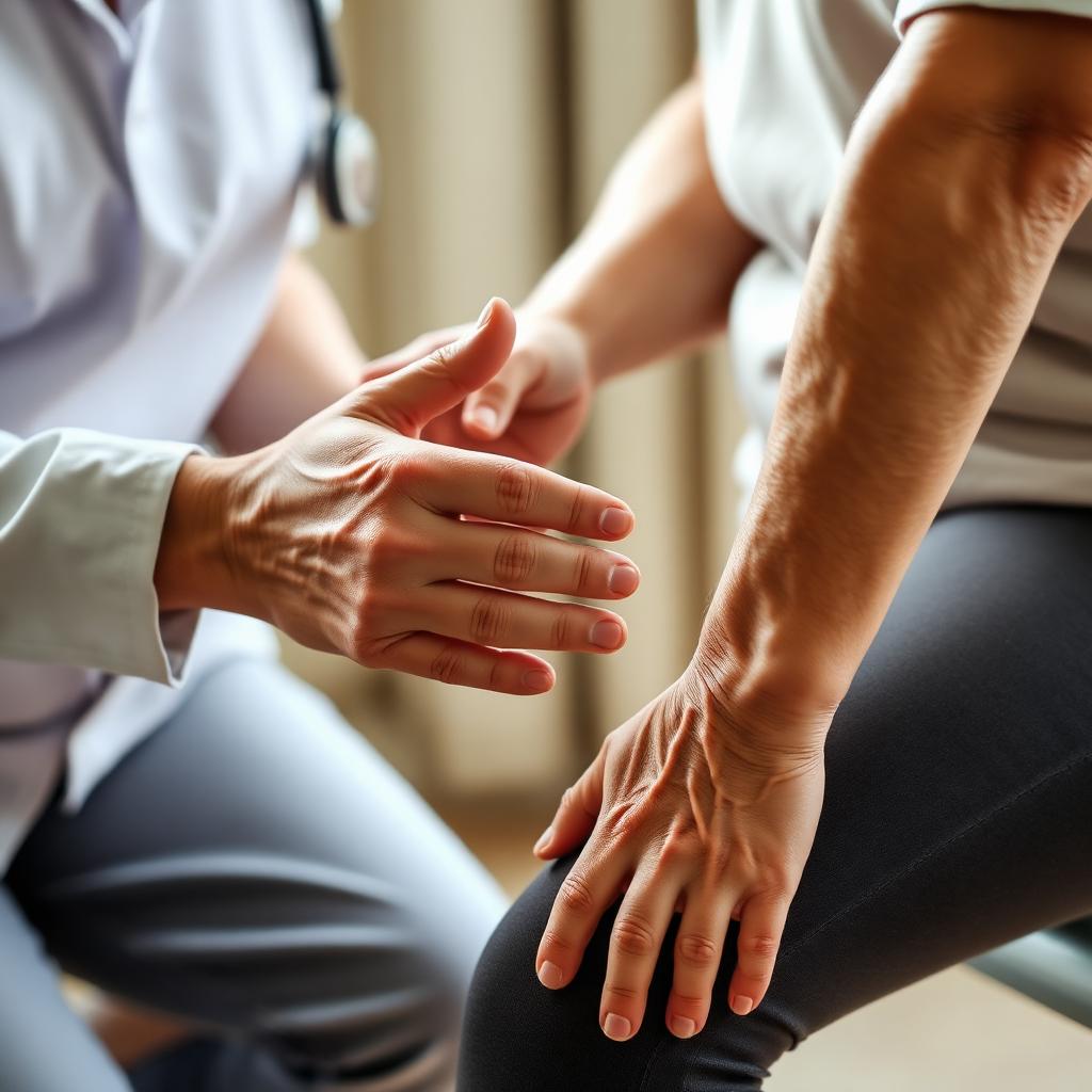 Therapist gently supporting an older adult's hand during joint mobility work