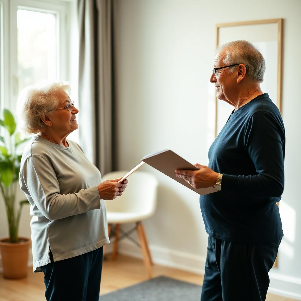 Physiotherapist conducting an initial mobility assessment with an older adult