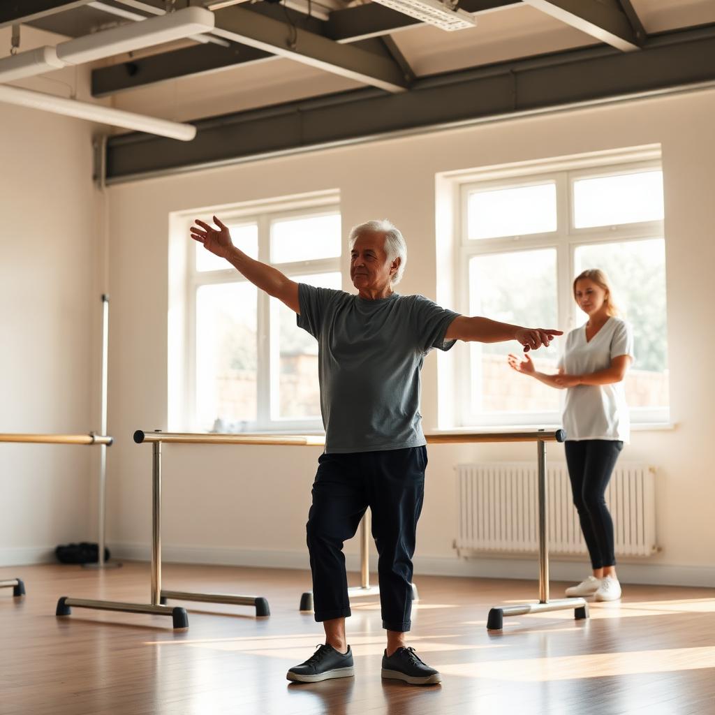 Older adult practising balance exercises with a physiotherapist