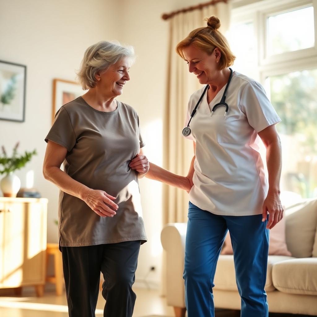 Physiotherapist supporting an older adult to walk safely at home